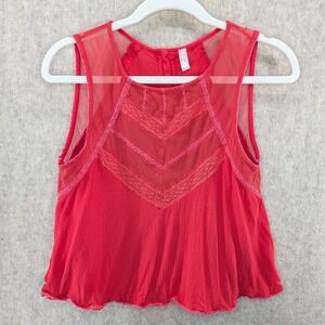 Free People Red Mesh Lace Crochet Button Back Sleeveless Crop Top XS